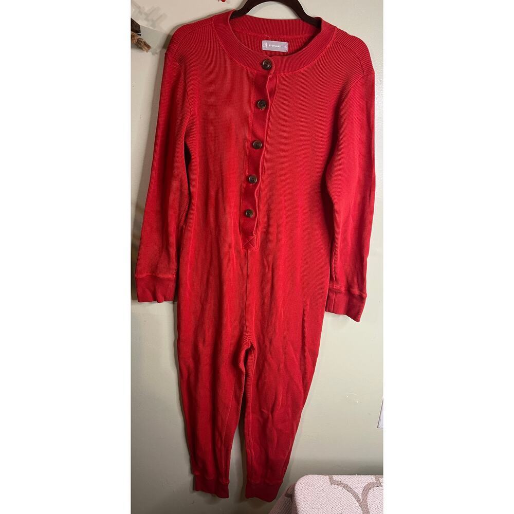 Everlane Waffle Knit Henley One Piece Lounge Pajama Jumpsuit in Currant, Size XL - Picture 4 of 12